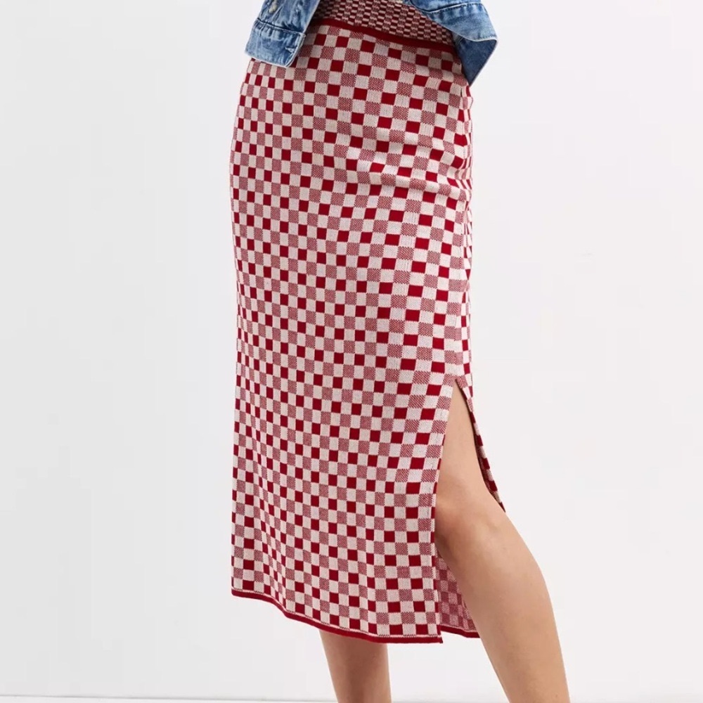 CECILIA PRADO x Anthropologie Red White Checkered Knit Picnic Midi Skirt